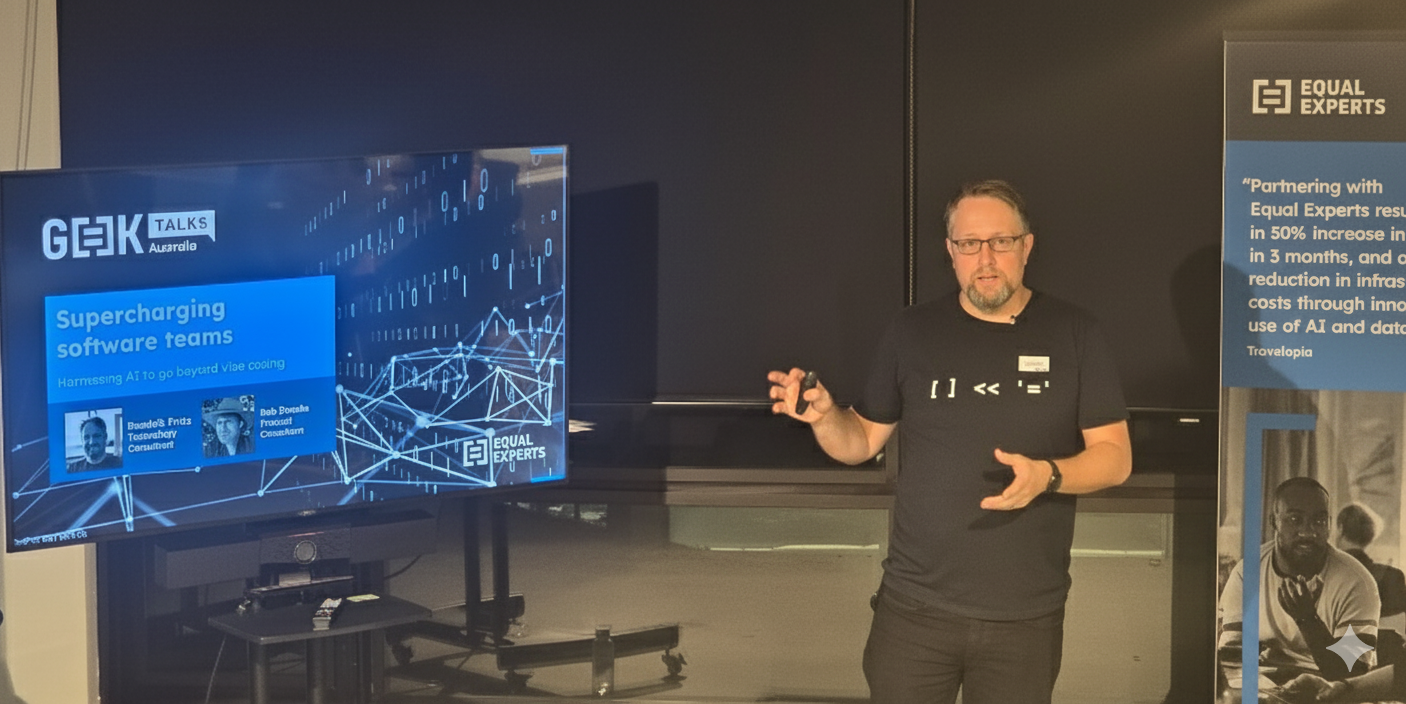 Dominik Fretz speaking at EqualExperts event